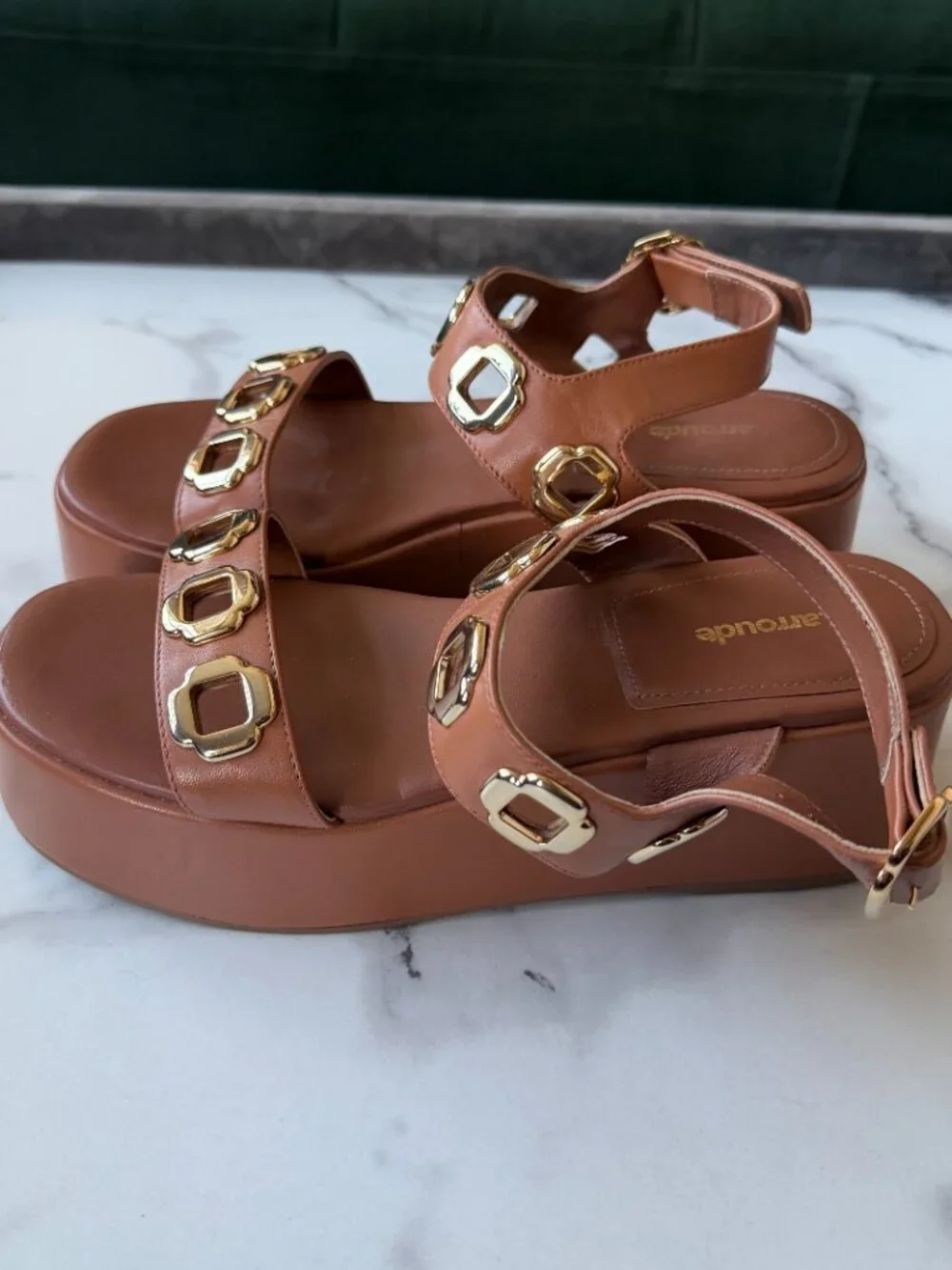 Larroudé Brown Leather Grommet Platform Sandals NEW Size 8.5
